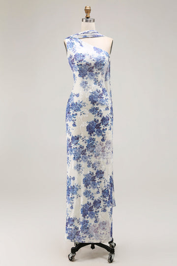 One Shoulder Blue Floral Sheath Bridesmaid Dress With Shawl